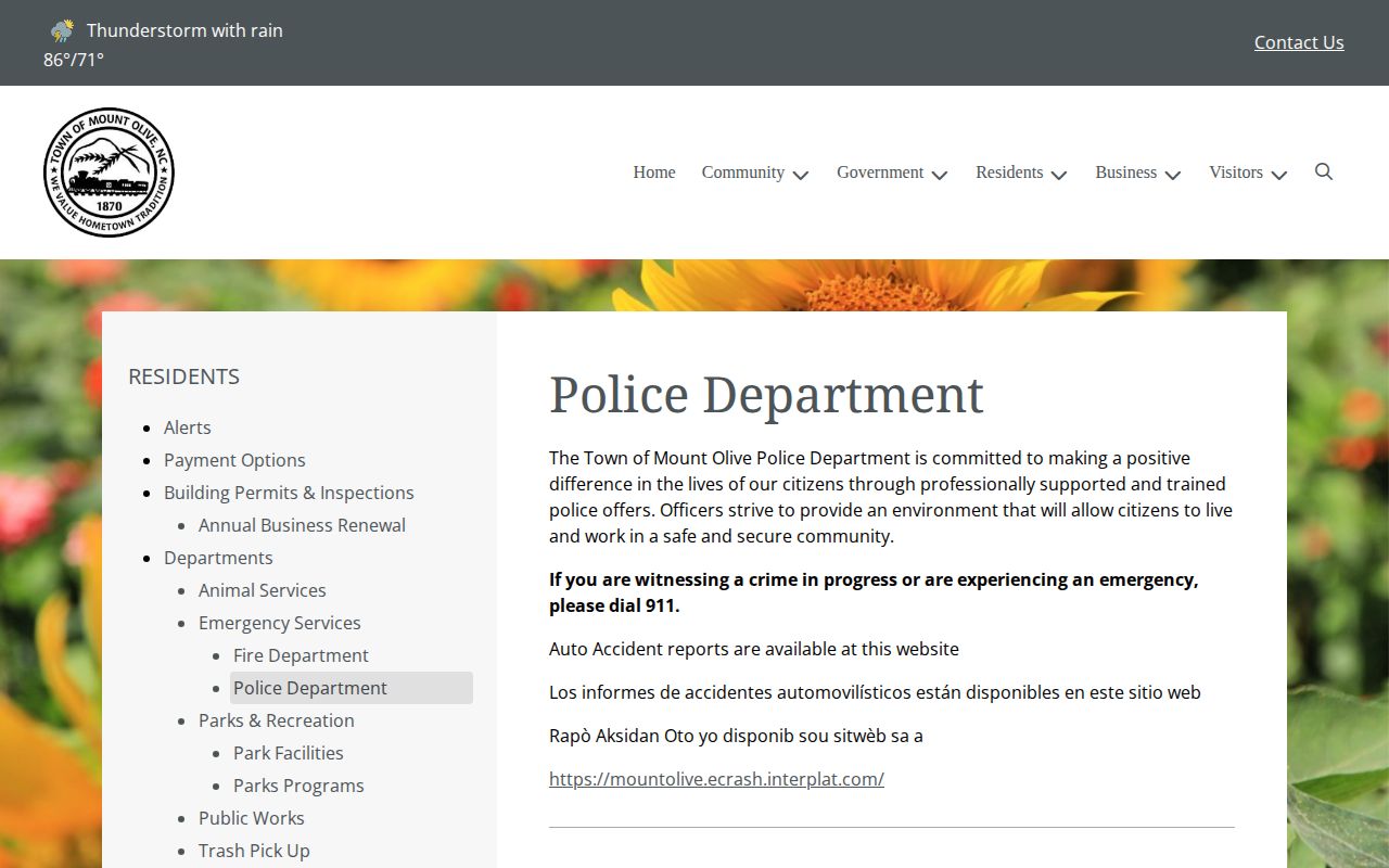 Mount Olive Police Department official records and arrest-routing page in Wayne County, North Carolina