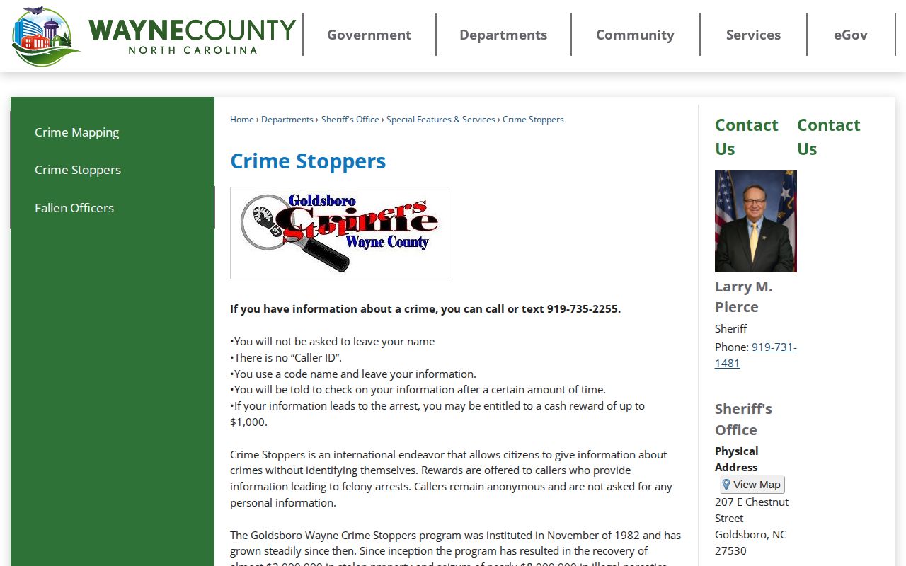 Wayne County Crime Stoppers official information page